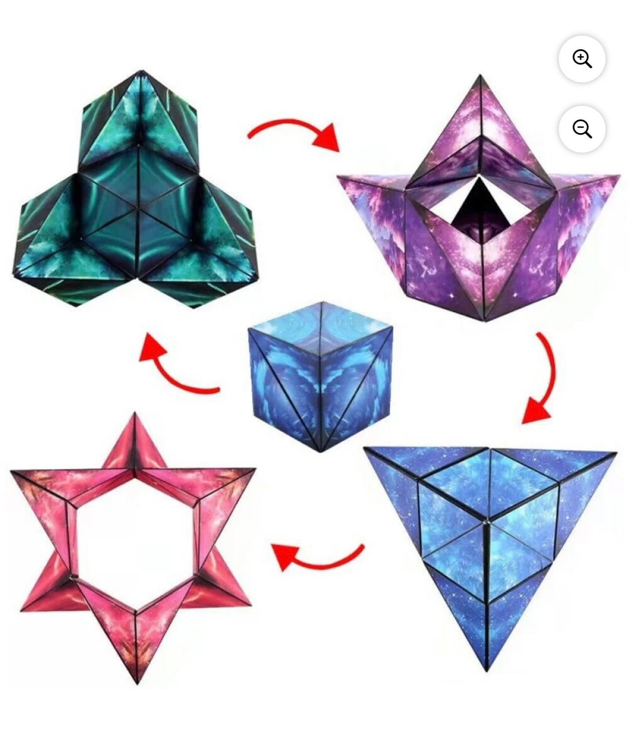 Colorful 3D shifting magic cube showing various geometric shapes in galaxy patterns
