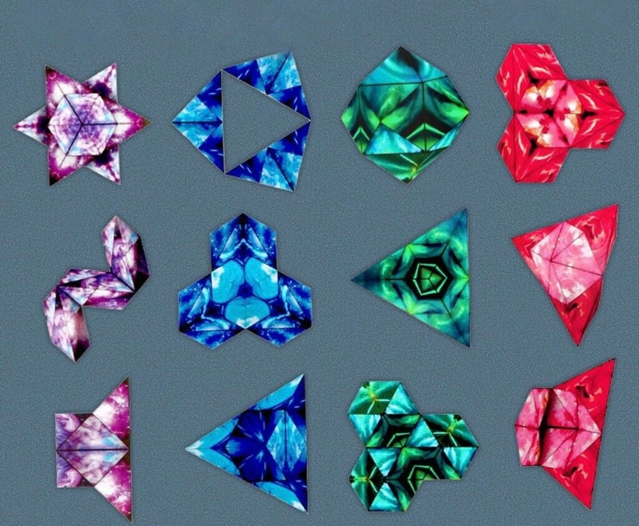 Colorful 3D shifting magic cube puzzle pieces in various geometric shapes and vibrant patterns