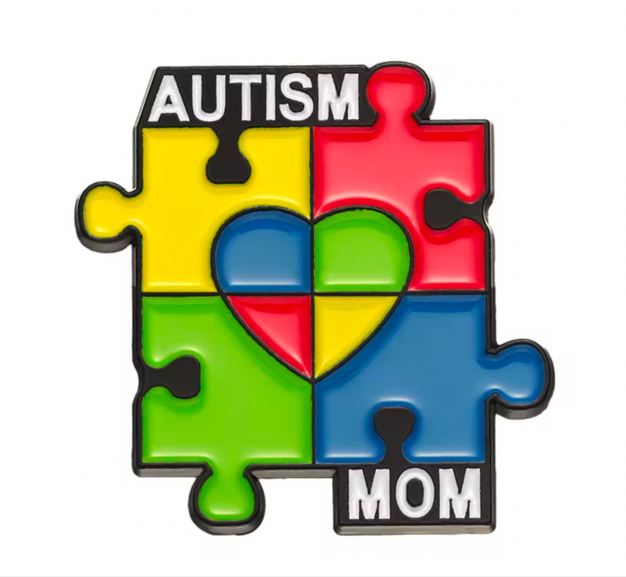 Colorful puzzle piece autism awareness mom lapel pin with heart design and bold letters