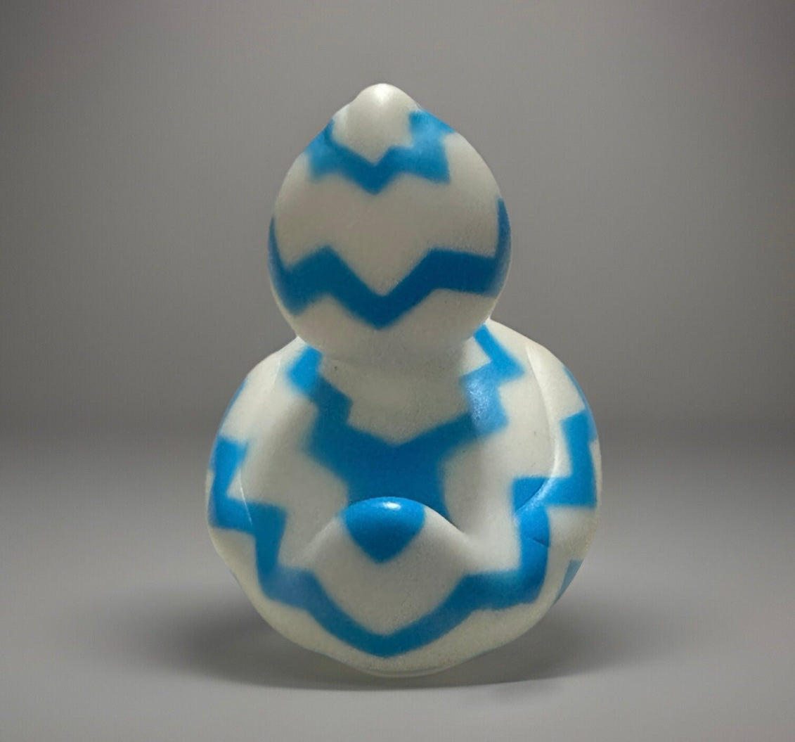 Blue Zig Zag Rubber Duck with white base and bold blue zig zag pattern from Reed’s Rubber Ducks and Sensory Shop
