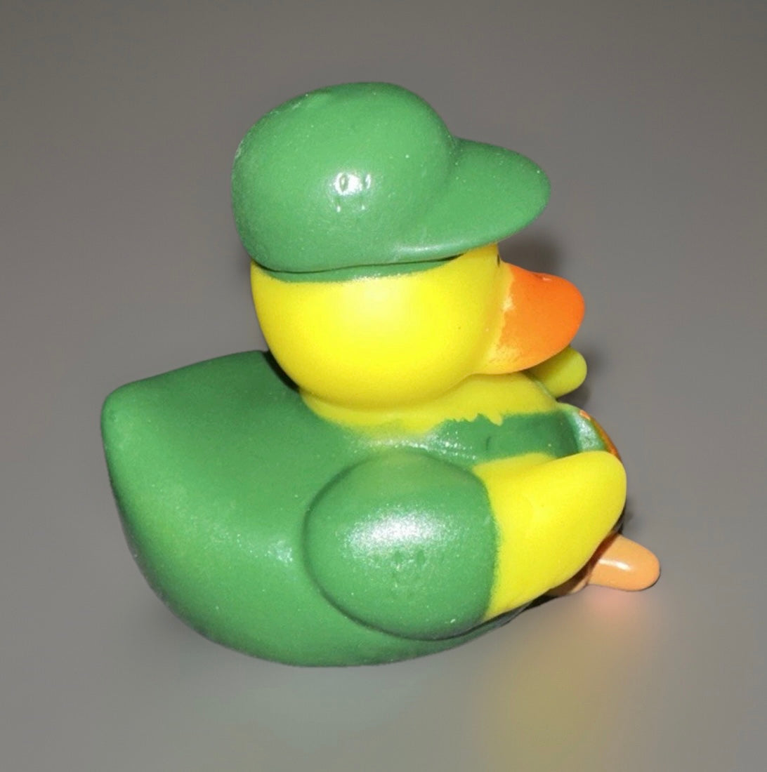Campfire rubber duck dressed in green with a hat from Reed’s Rubber Ducks and Sensory Shop