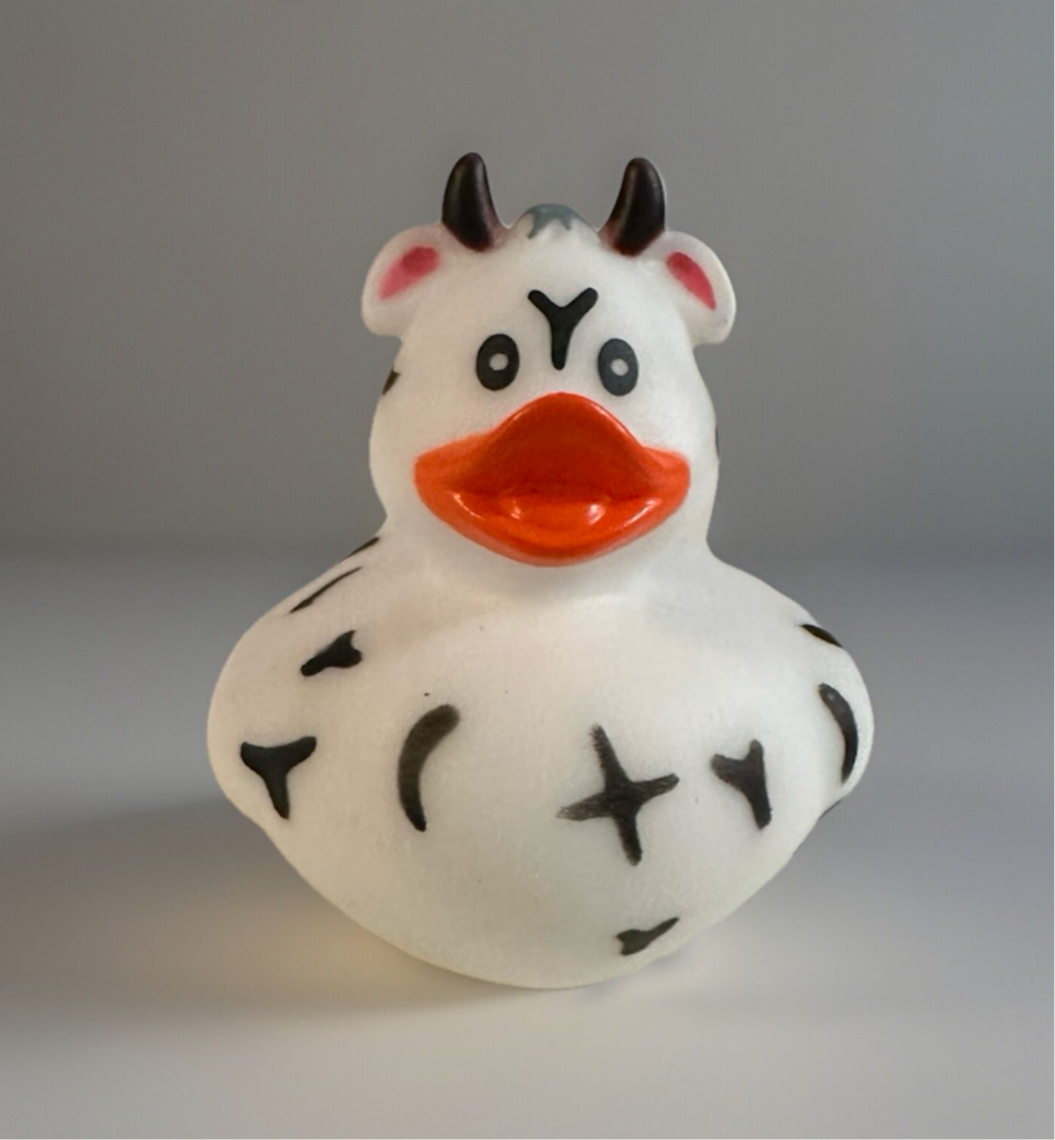 White cow rubber duck with black spots, small horns, and an orange beak from Reed’s Rubber Ducks and Sensory Shop