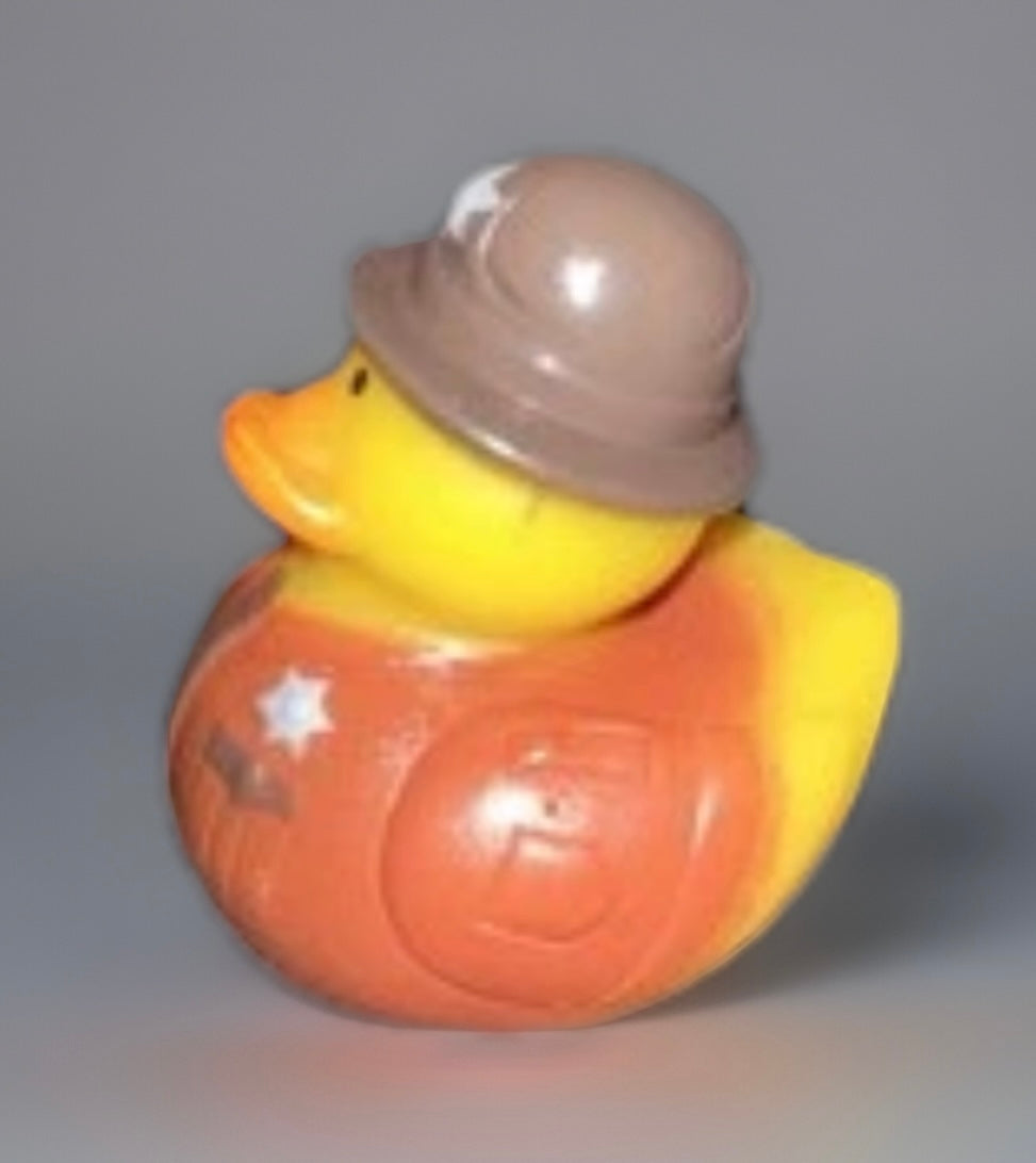 Deputy rubber duck toy dressed in orange uniform with brown hat from Reed’s Rubber Ducks and Sensory Shop