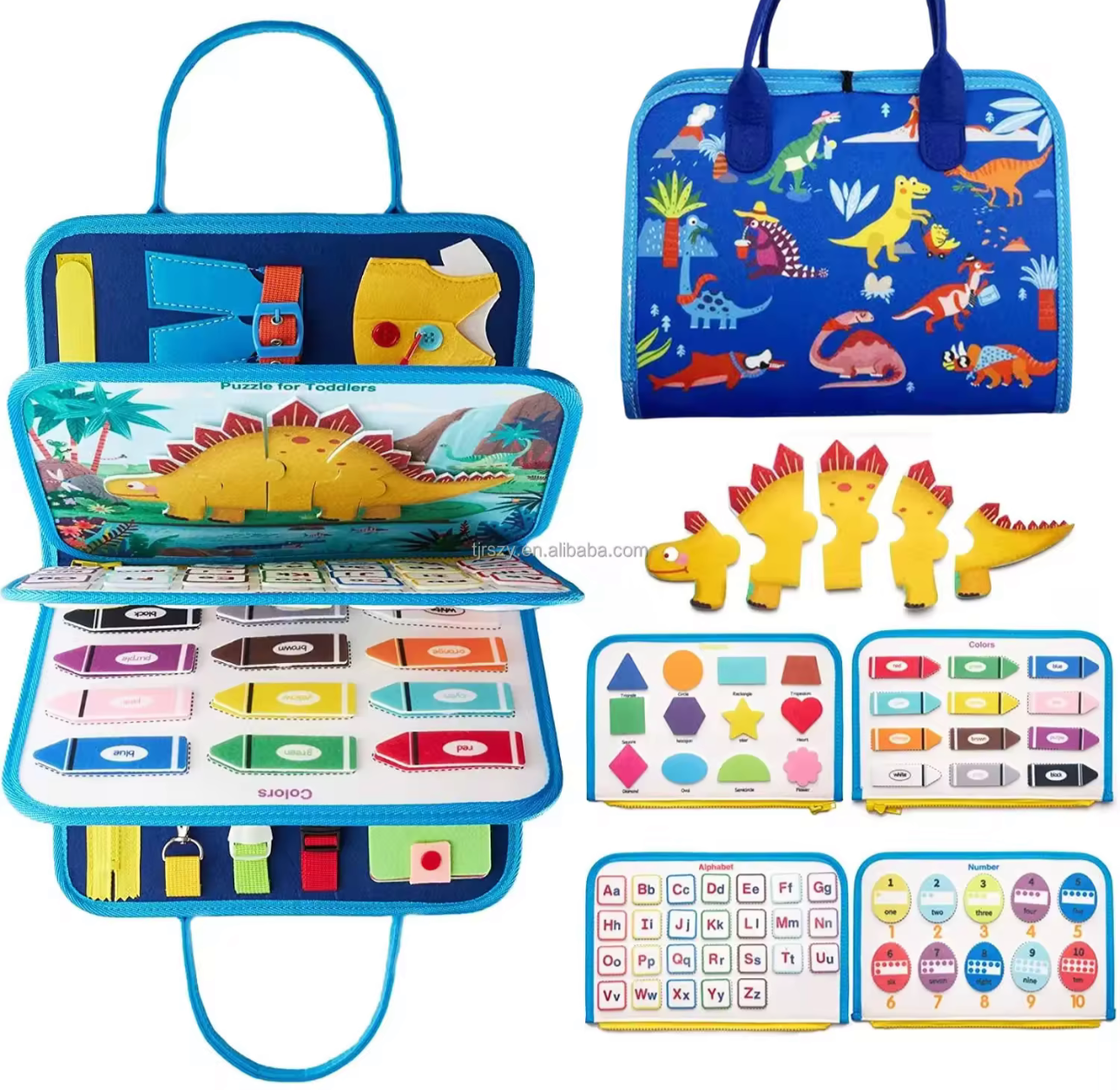Dinosaur Montessori Busy Book by Reed’s Rubber Ducks and Sensory Shop with interactive educational pages and colorful dinosaur designs
