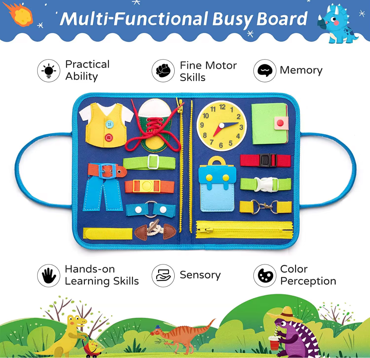 Dinosaur Montessori Busy Book multi-functional busy board with practical skills and sensory activities