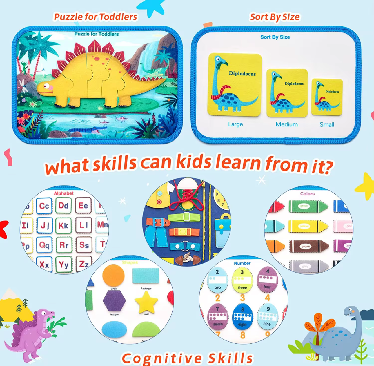Dinosaur Montessori Busy Book with puzzle dinosaur, size sorting cards, and cognitive skill activities for toddlers