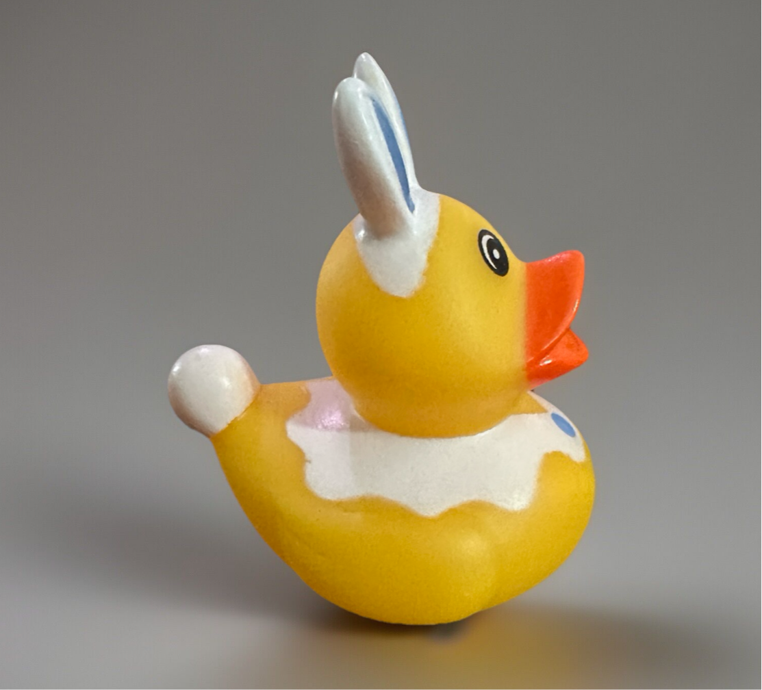 Easter bunny rubber duck with white bunny ears and tail from Reed’s Rubber Ducks and Sensory Shop
