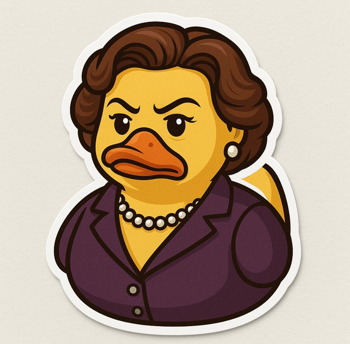 Emily Gilmore rubber duck sticker wearing purple suit with pearl necklace and earrings