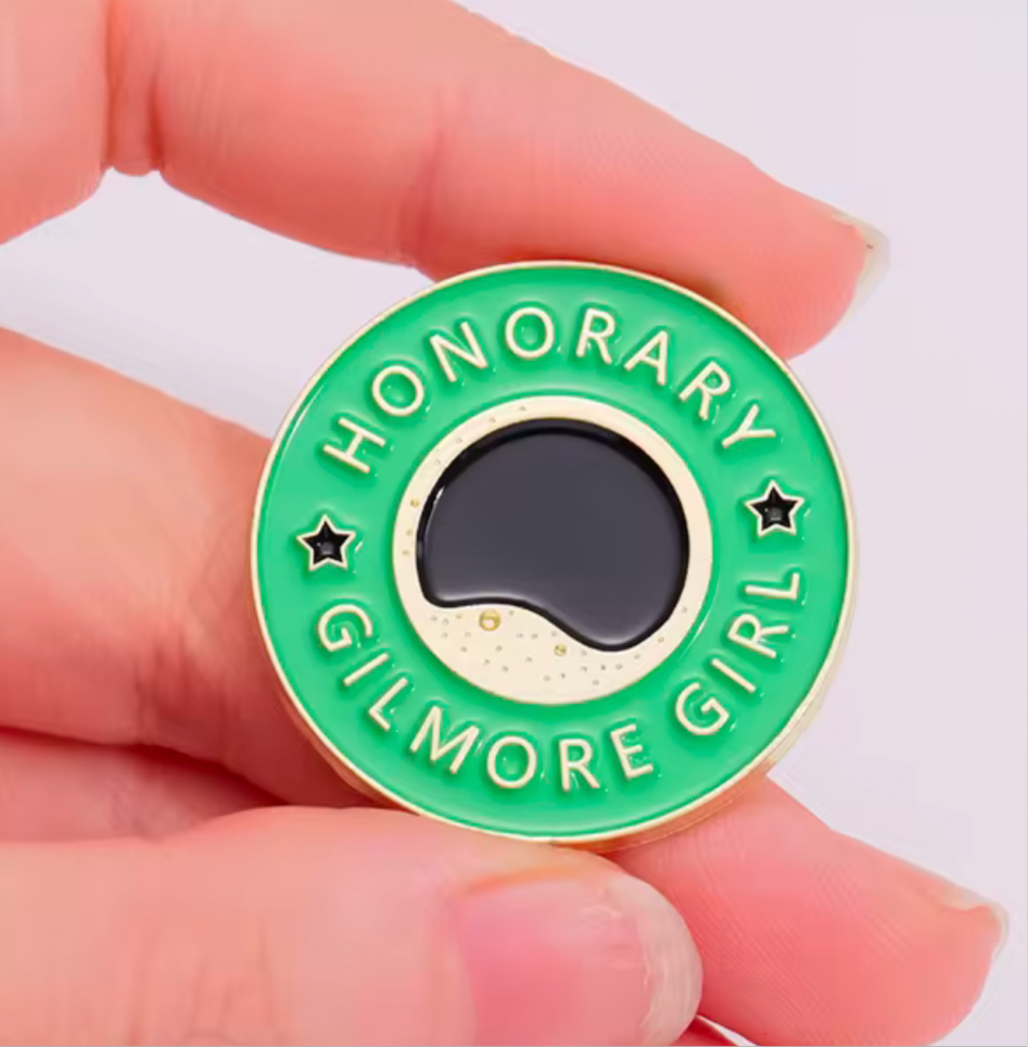 Gilmore Girls coffee pin featuring Honorary Gilmore Girl design with a coffee cup graphic