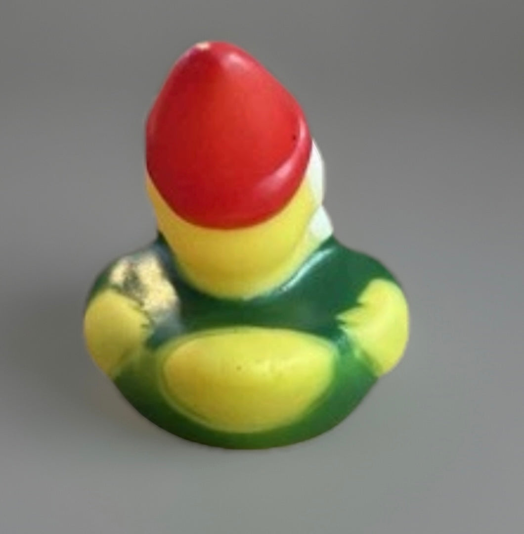 Green gnome rubber duck with red hat and yellow face from Reed’s Rubber Ducks and Sensory Shop
