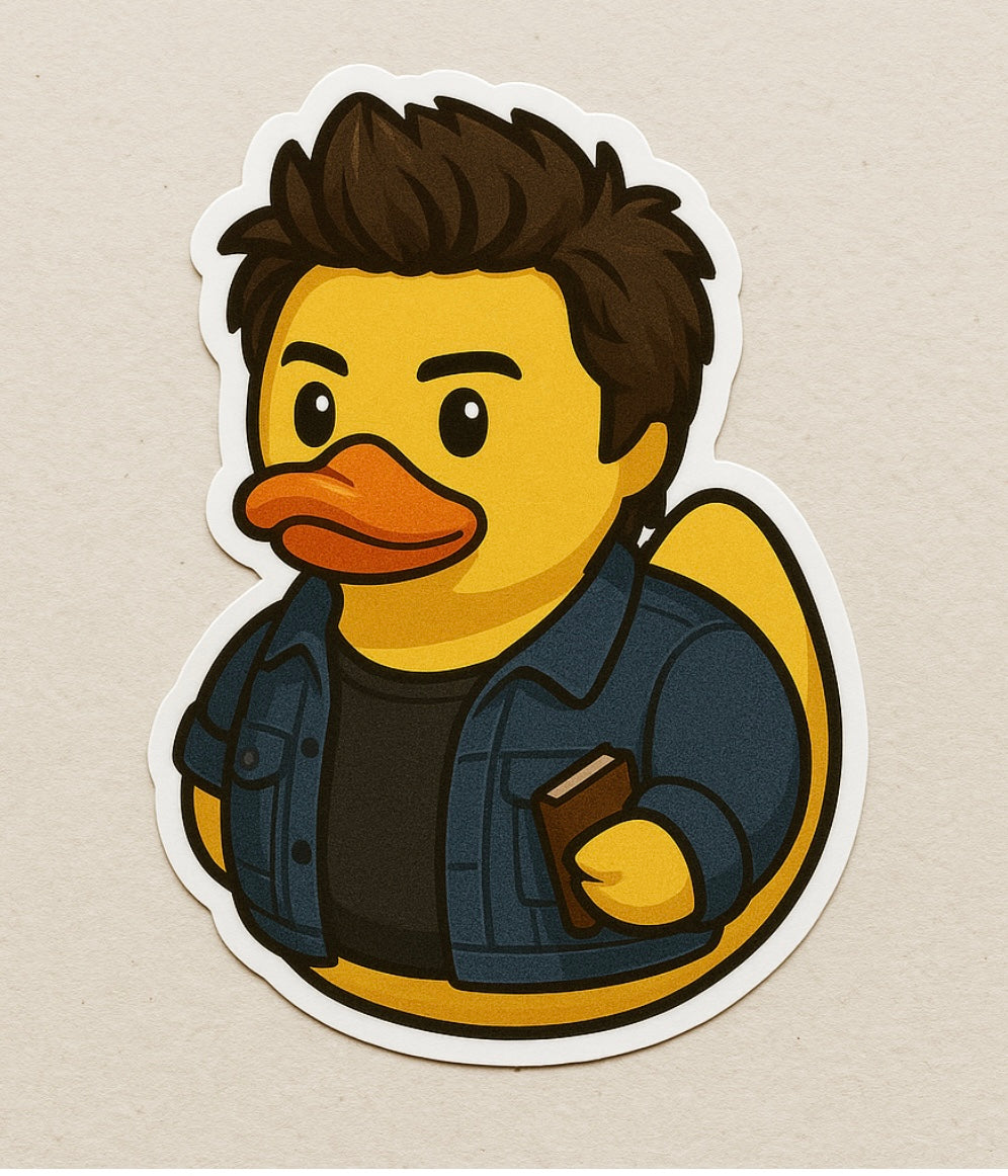 Jess Mariano inspired duck decal featuring a yellow duck dressed in a denim jacket holding a book