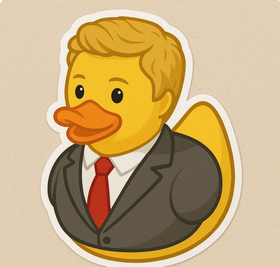 Logan Huntsberger rubber duck sticker featuring a duck in a suit with blonde hair and red tie