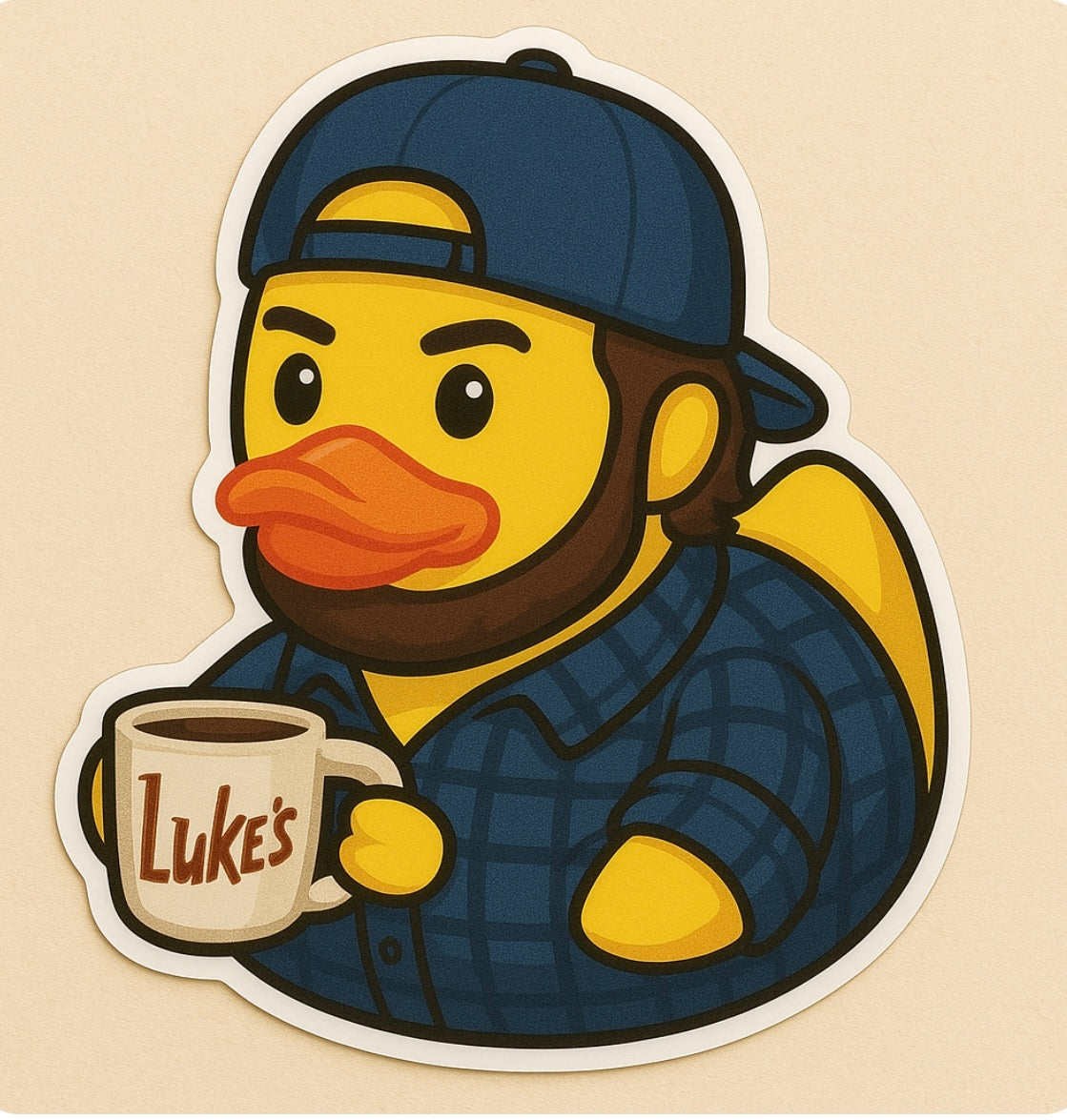 Luke’s diner rubber duck sticker featuring a duck with a beard, blue cap, plaid shirt, and coffee mug