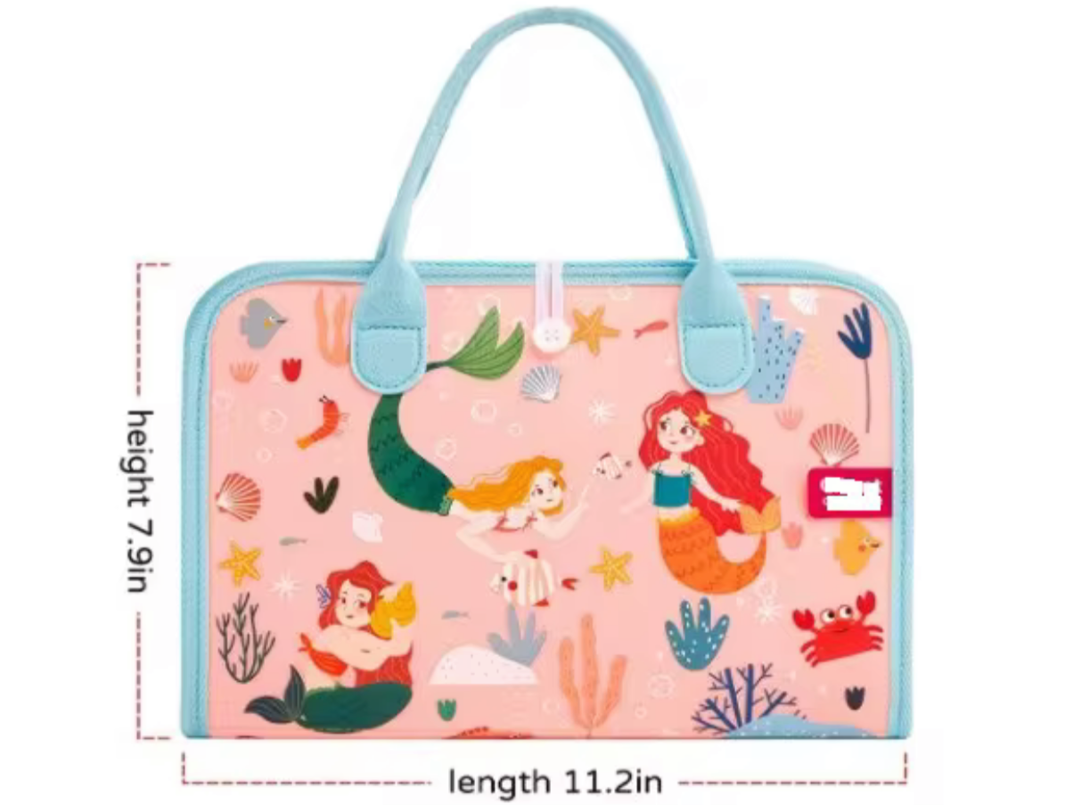 Mermaid Montessori busy book with colorful mermaid illustrations and light blue handles for sensory learning