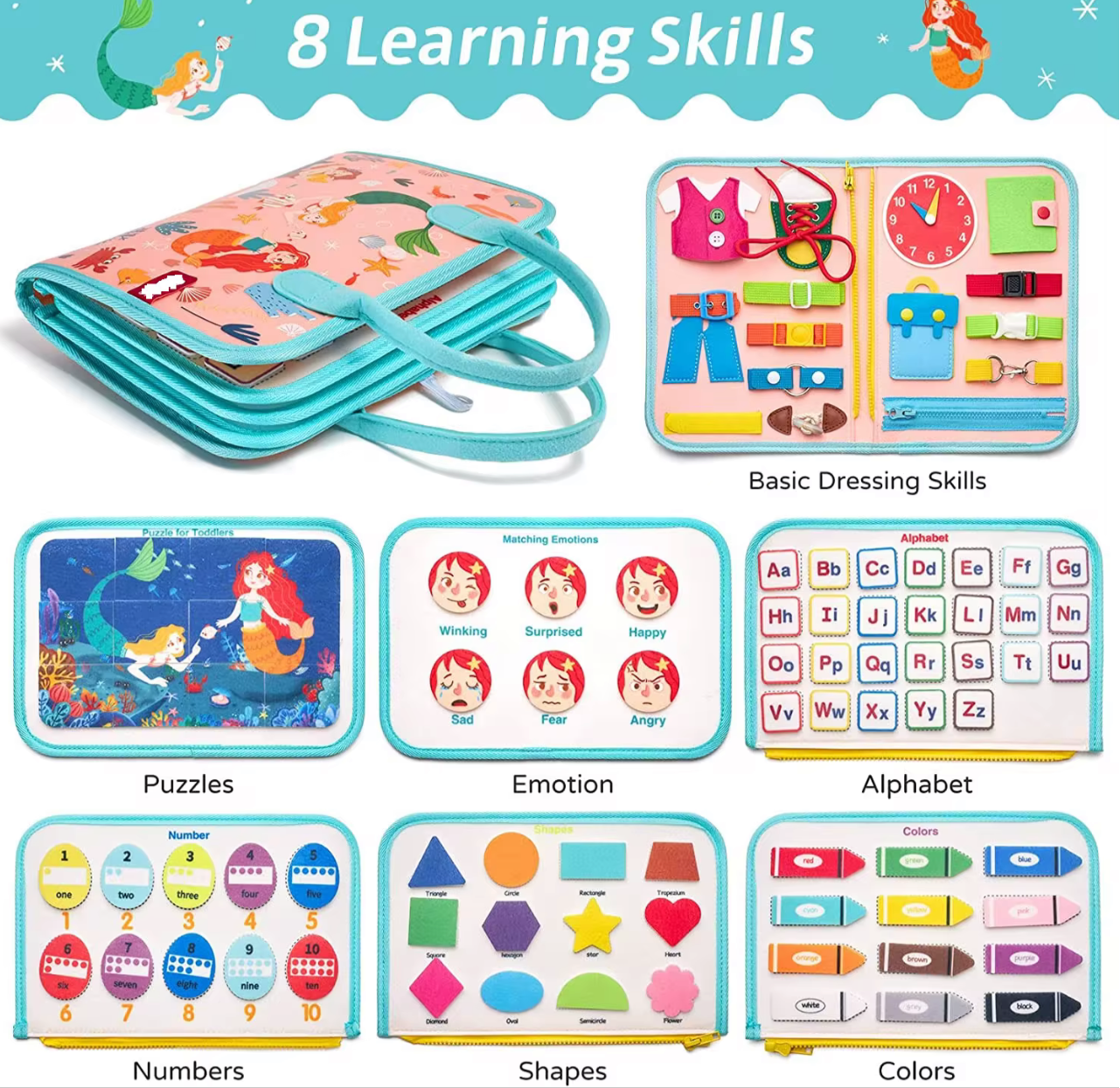 Mermaid Montessori busy book with 8 learning skills including puzzles, emotions, alphabet, numbers, shapes, colors, and dressing skills