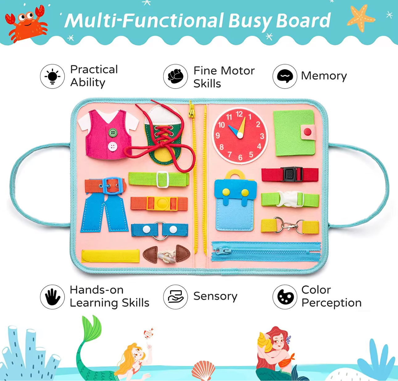 Mermaid Montessori busy book multi-functional busy board with zippers buttons buckles and clock for fine motor skills
