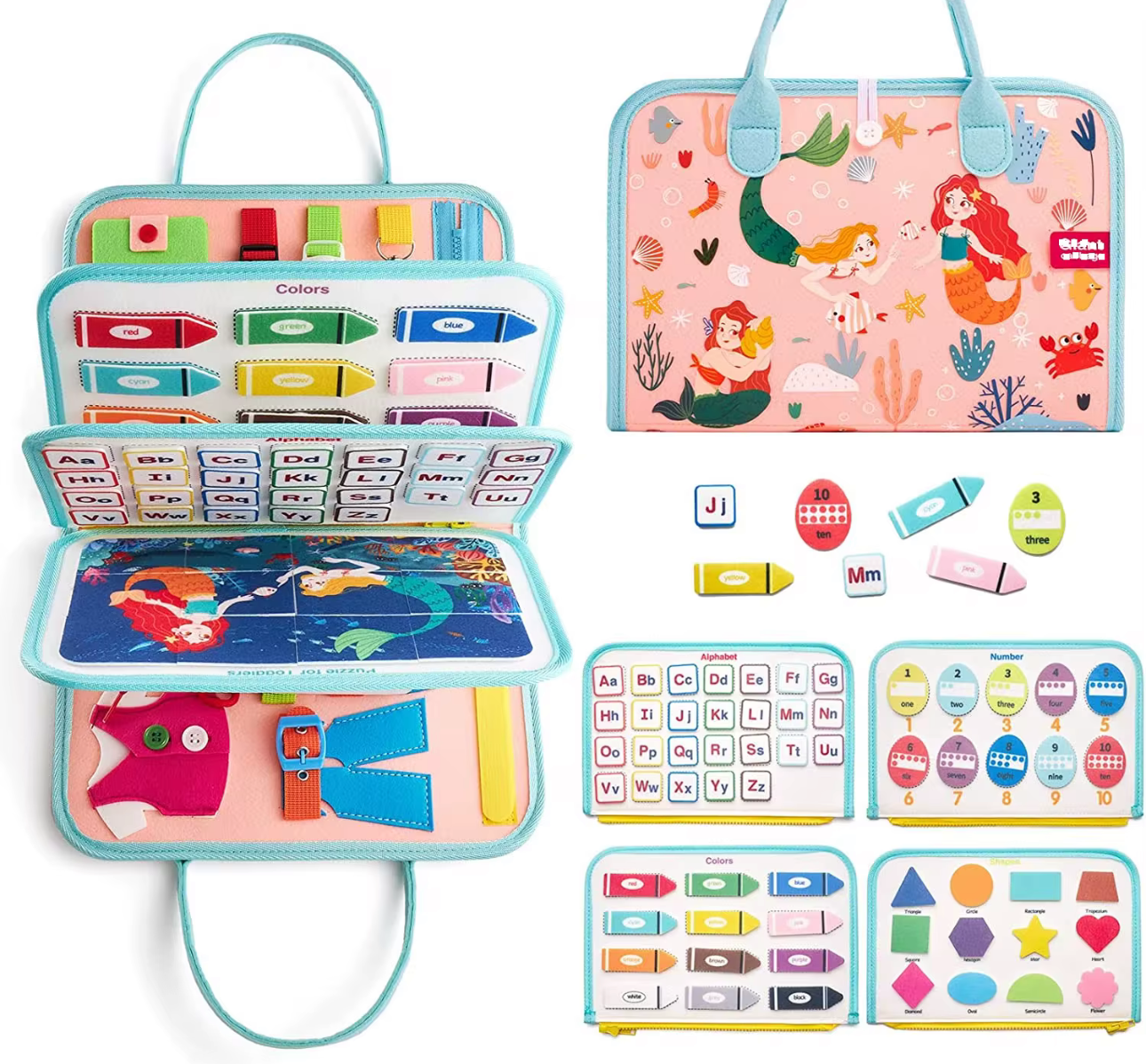Mermaid Montessori busy book with colorful educational panels, including letters shapes and dress-up activities