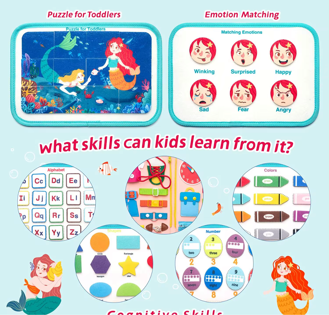 Mermaid Montessori busy book by Reed’s Rubber Ducks and Sensory Shop featuring puzzles, emotion matching, alphabet, colors, shapes and numbers for toddlers