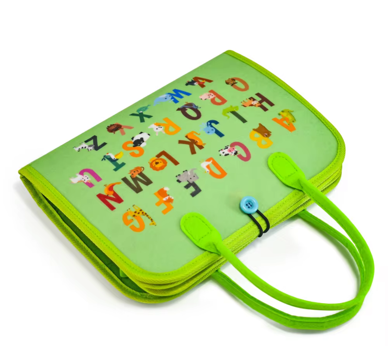 Green Montessori busy book for toddlers with colorful alphabet and animal designs on cover
