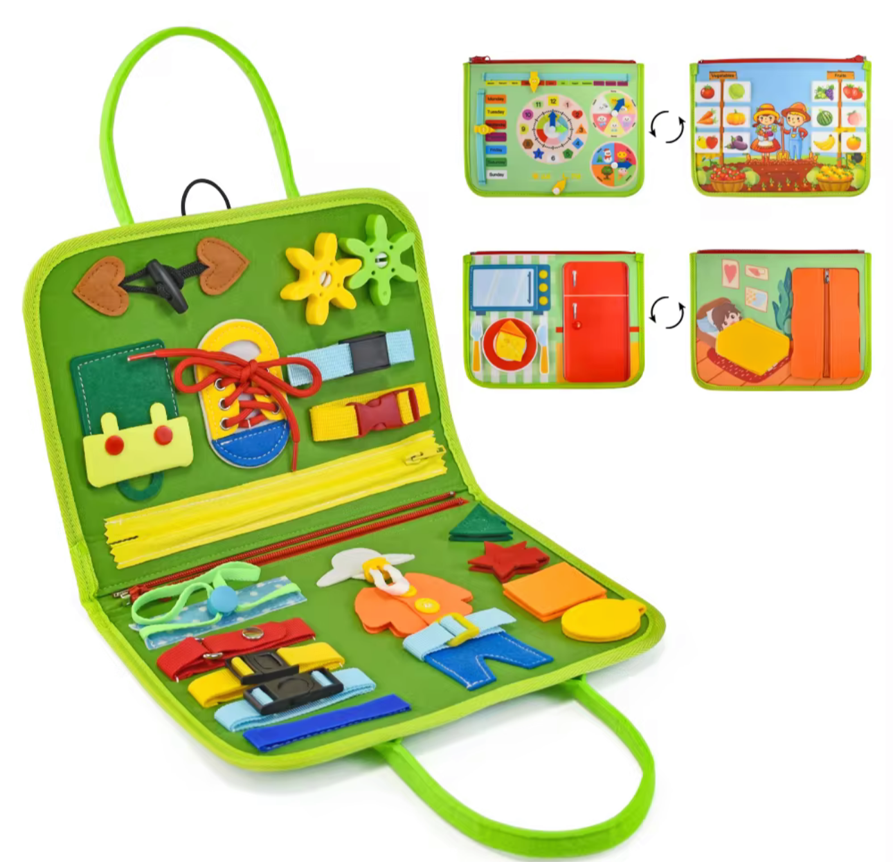 Montessori busy book for toddlers with interactive activities like buckles, zippers, buttons, and laces in a green fabric case