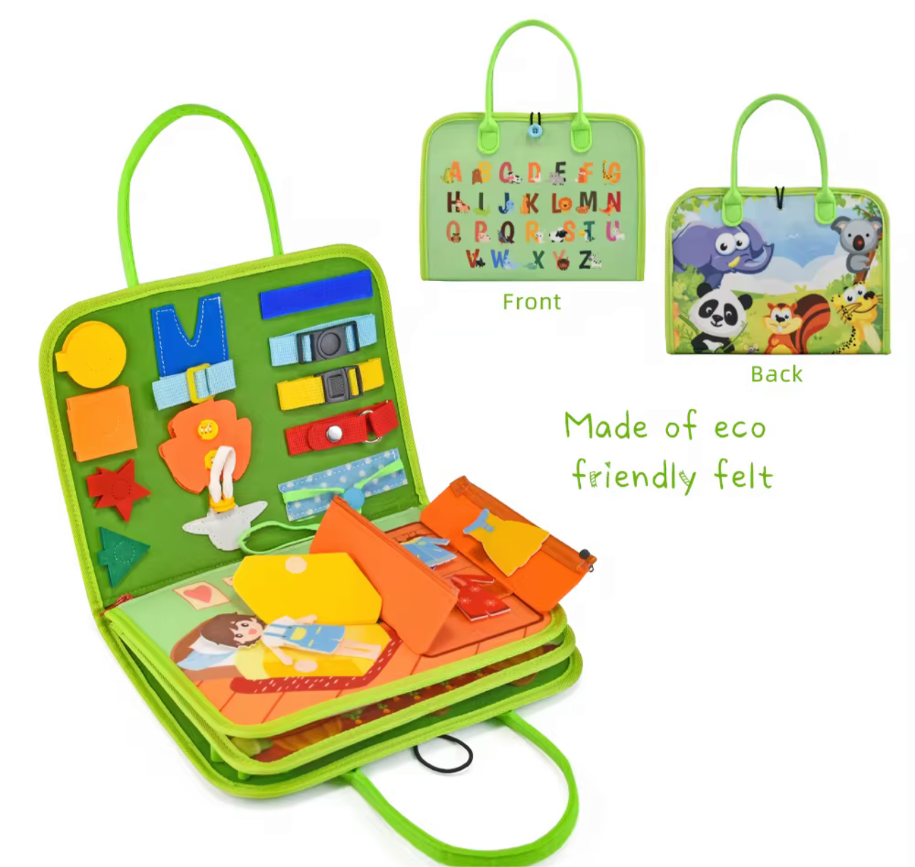 Montessori busy book for toddlers made of eco friendly felt with alphabet and animal activities