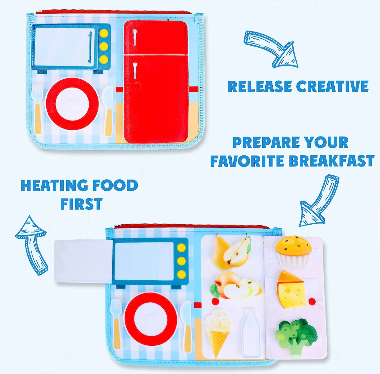 Montessori dinosaur busy book kitchen scene with microwave, refrigerator, plate, and pretend food pieces