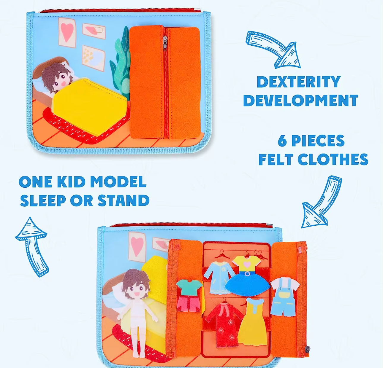 Montessori dinosaur busy book with felt clothes and kid model for dexterity development by Reed’s Rubber Ducks and Sensory Shop
