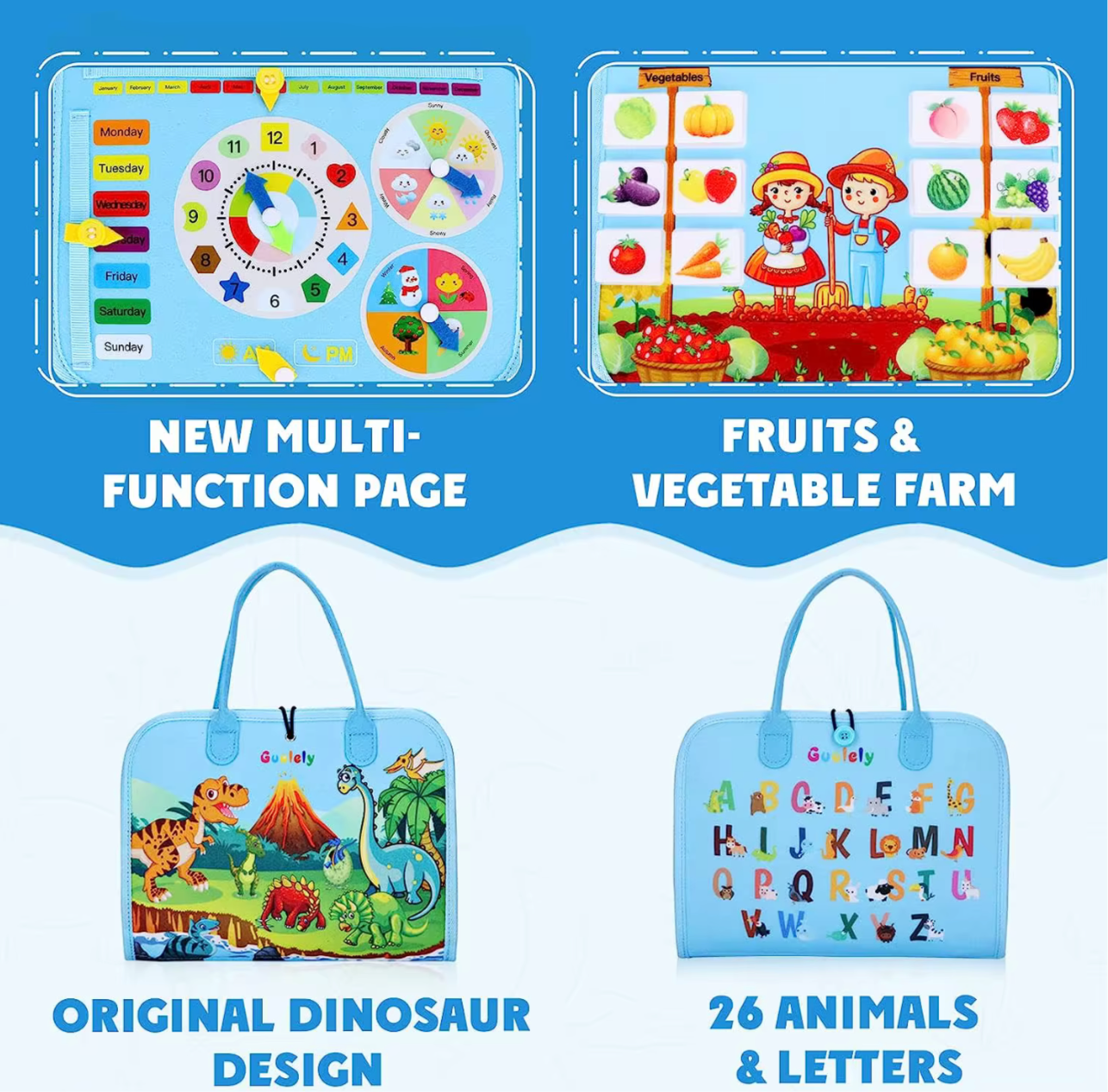 Montessori dinosaur busy book with multi-function learning pages featuring fruits vegetables animals and alphabet