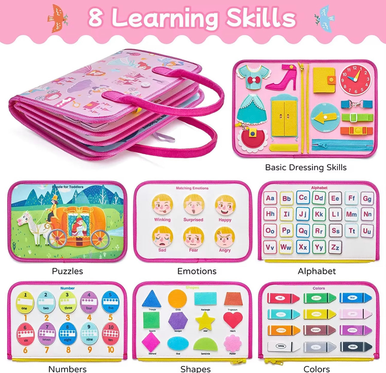 Montessori toddler sensory toys activity book with puzzles, emotions, alphabet, numbers, shapes, and colors