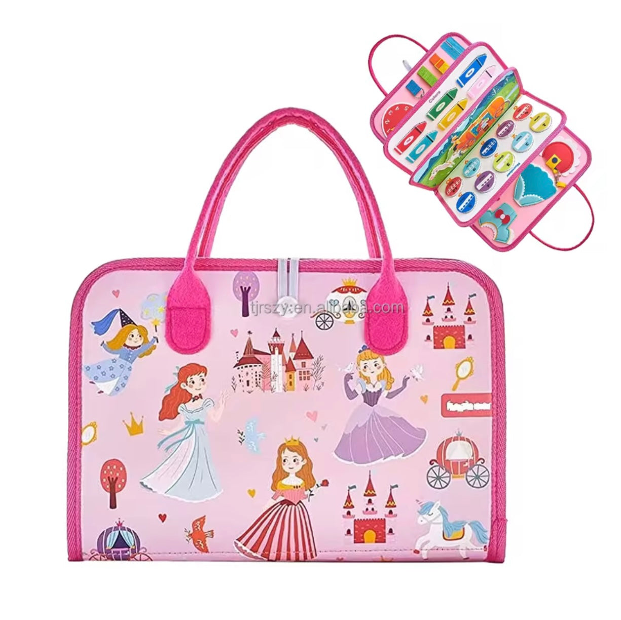 Pink princess-themed Montessori toddler sensory toys playset with carrying case and interactive book