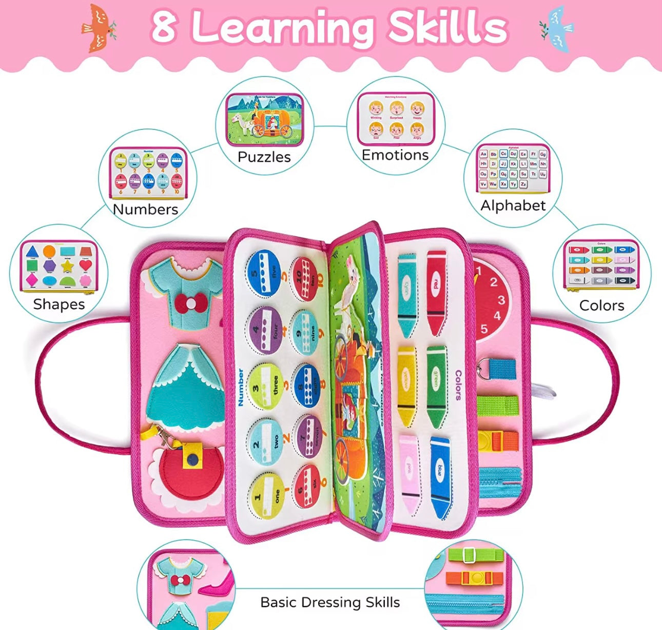 Montessori toddler sensory toys featuring interactive dressing skills, puzzles, shapes, numbers, colors, alphabet, and emotions