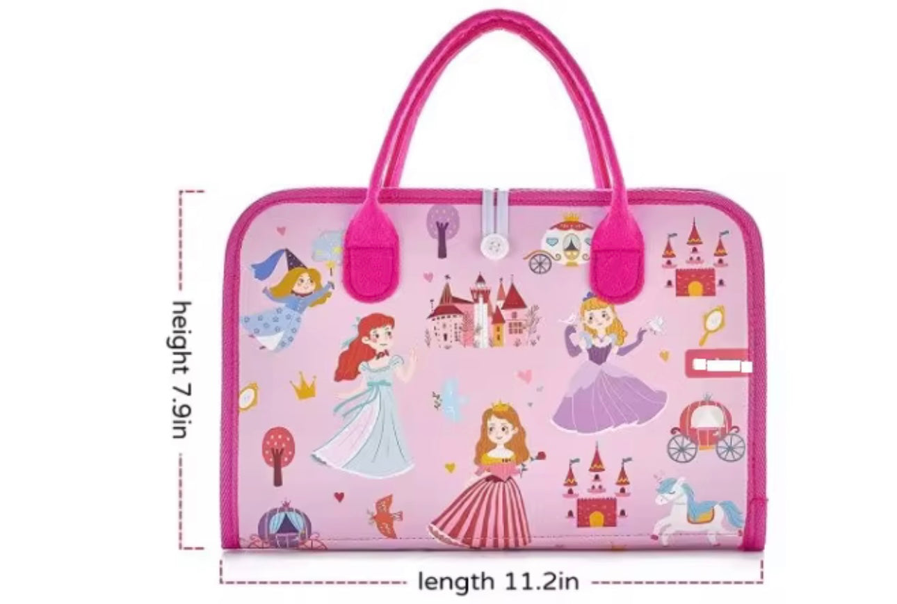 Pink princess-themed Montessori toddler sensory toys storage bag with handles and castle illustrations