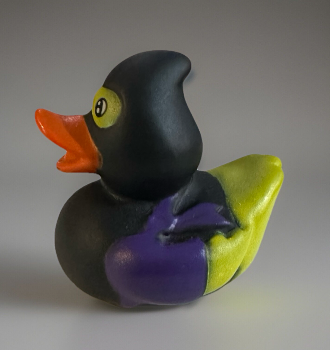 Ninja rubber duck 2 inch with black hood and colorful body from Reeds Rubber Ducks and Sensory Shop