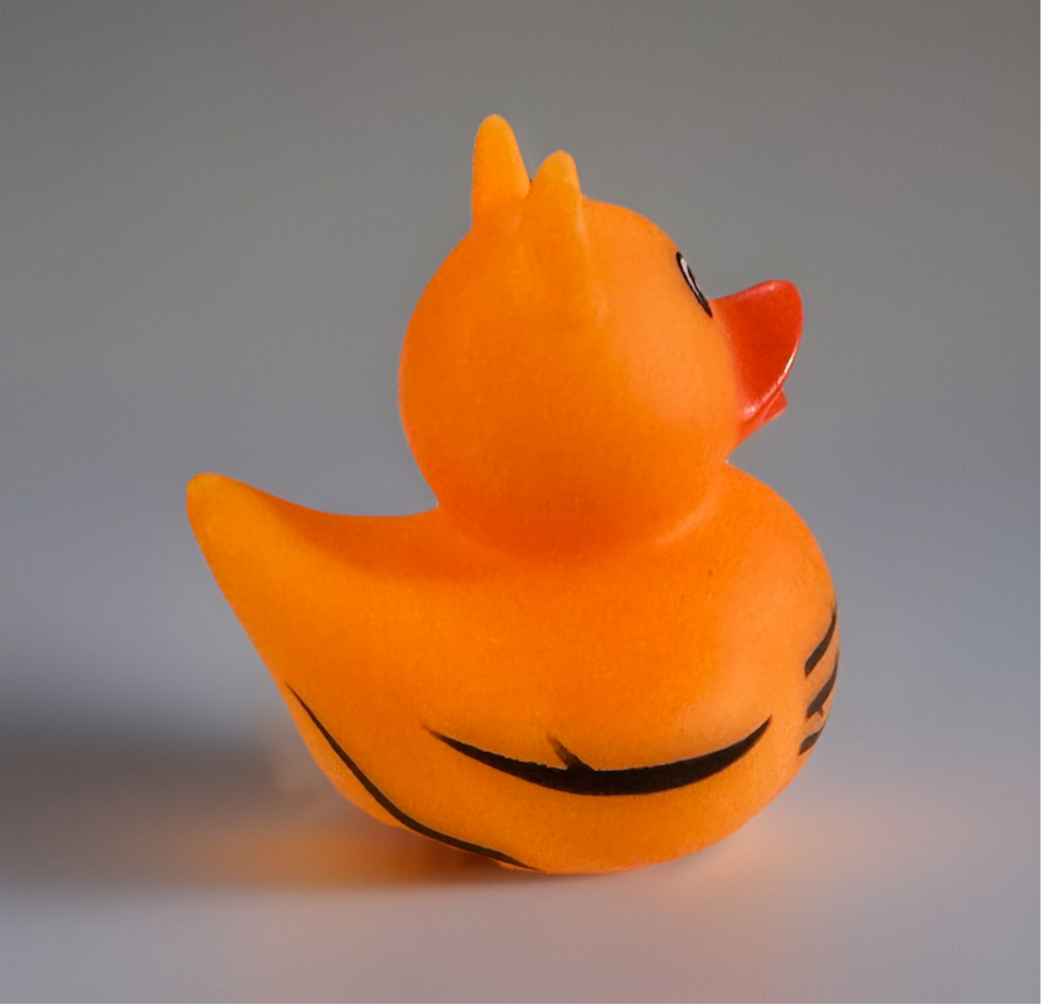 Orange tiger rubber duck with black stripes and orange beak from Reeds Rubber Ducks and Sensory Shop