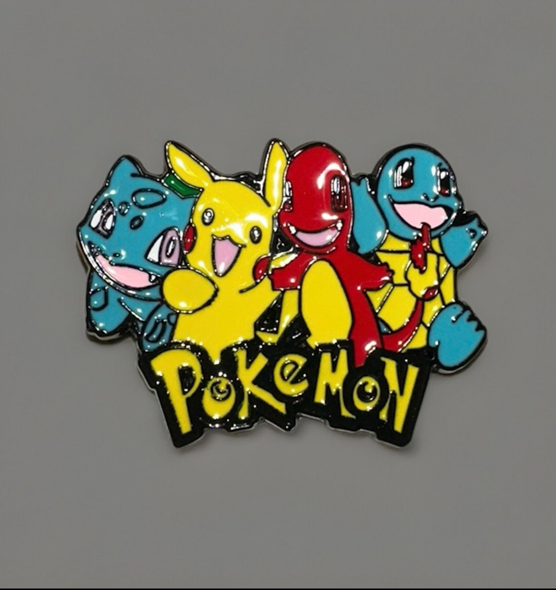 Colorful Pikachu Bulbasaur Charmander Squirtle pin featuring popular Pokemon characters with Pokémon logo