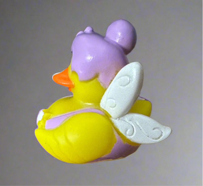 Purple Fairy Rubber Duck featuring yellow body and silver wings, perfect for bath time fun