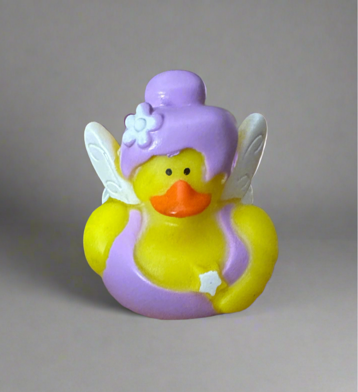 Purple Fairy Rubber Duck with Yellow Body and White Wings for Sensory Play and Bath Time Fun