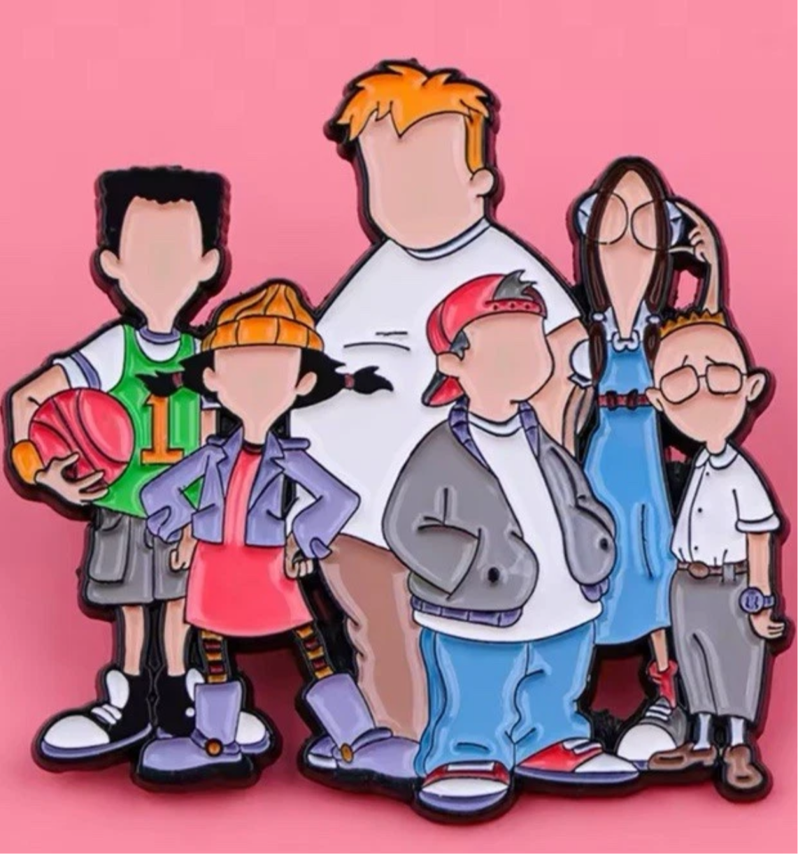 Recess cartoon lapel pin featuring six main characters in colorful outfits on a pink background