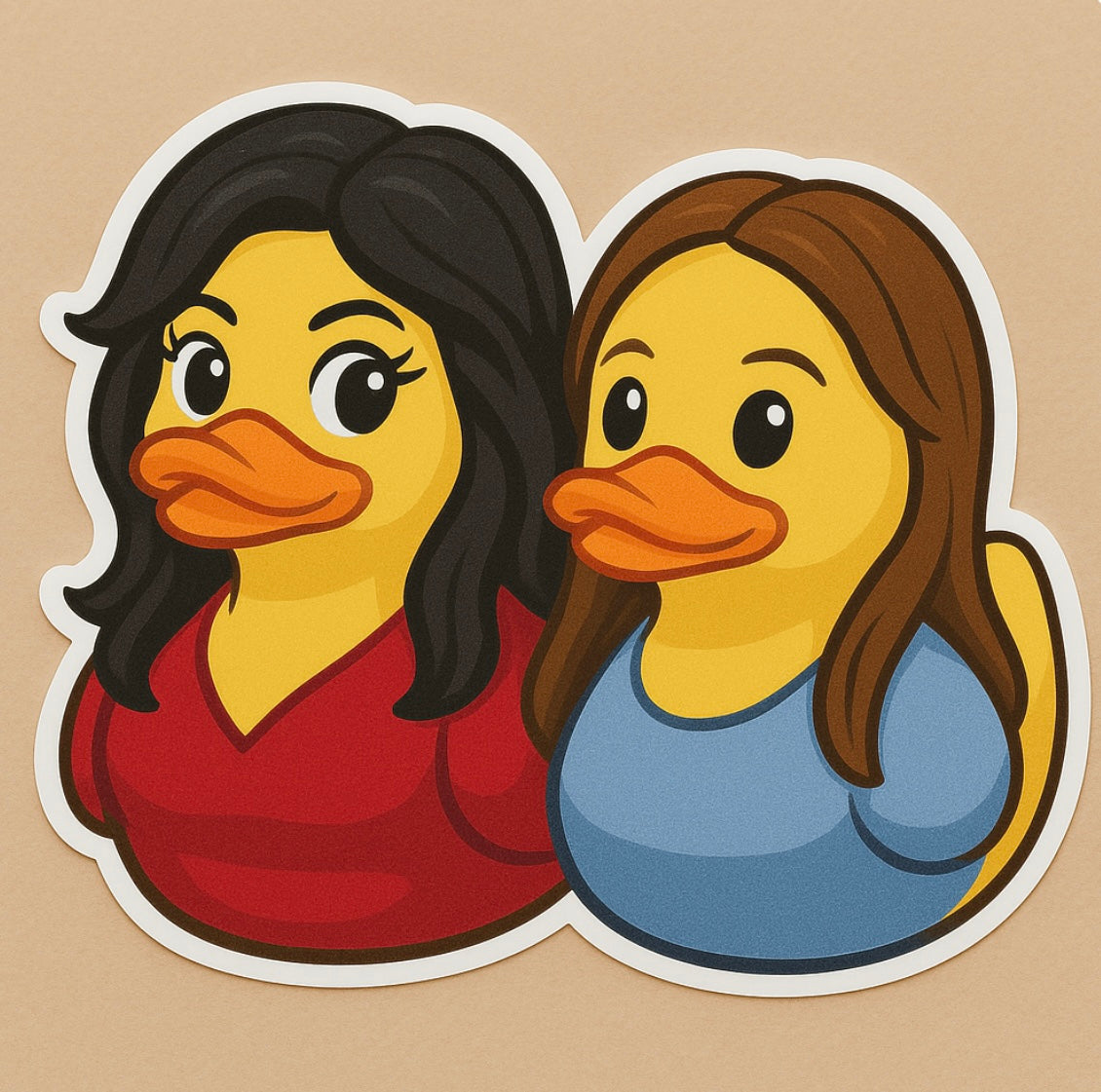 Rory and Lorelai novelty sticker featuring two rubber ducks dressed as women with black and brown hair