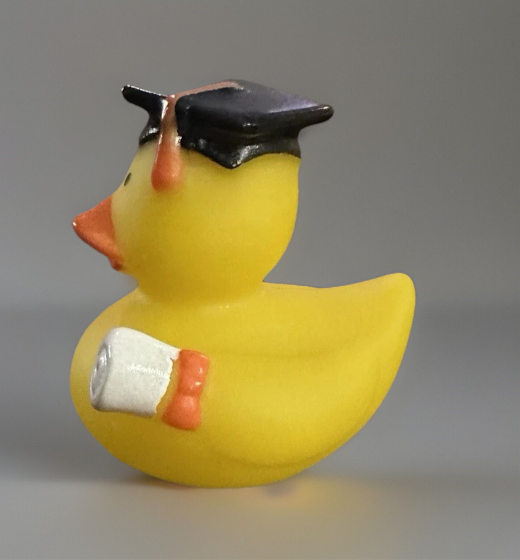 Yellow 2 inch graduation duck wearing black cap and holding diploma from Reed’s Rubber Ducks and Sensory Shop