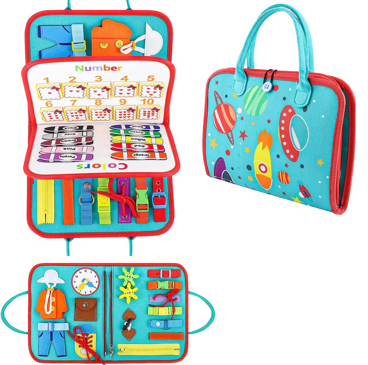 Space Montessori busy book by Reeds Rubber Ducks and Sensory Shop with interactive learning activities and space-themed cover