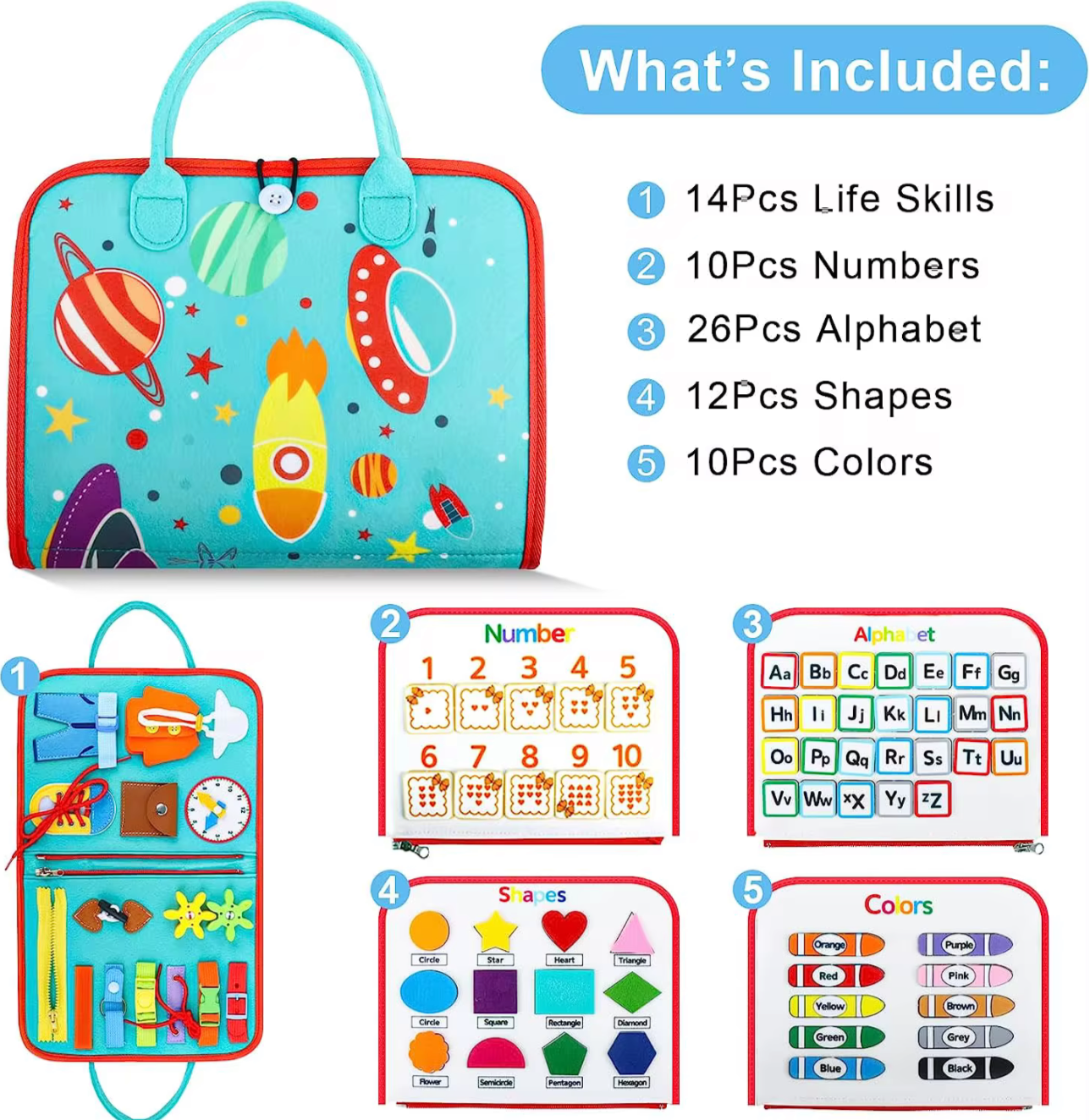Space Montessori busy book by Reed’s Rubber Ducks with life skills, numbers, alphabet, shapes, and colors activities