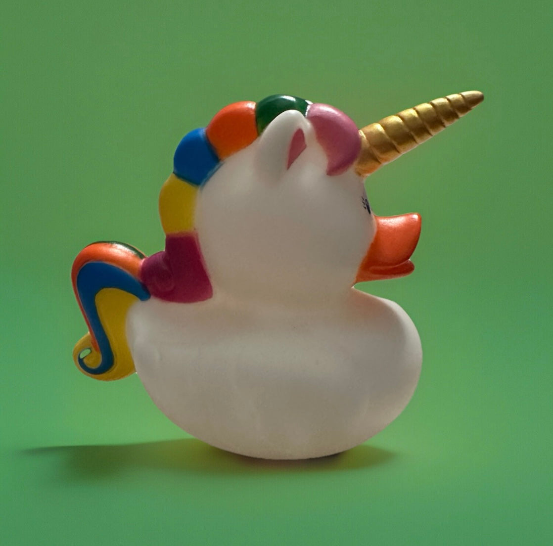 Unicorn rubber duck gift with golden horn and colorful mane from Reed’s Rubber Ducks and Sensory Shop