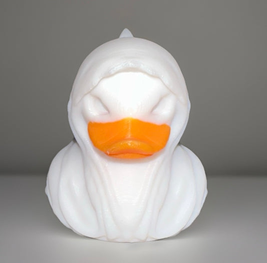 White 3D angel duck with orange beak wearing a detailed hood from Reed’s Rubber Ducks and Sensory Shop