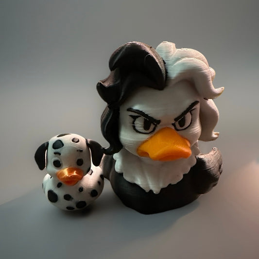 3D Cruella duck and Dalmatian with detailed black and white design and orange beaks