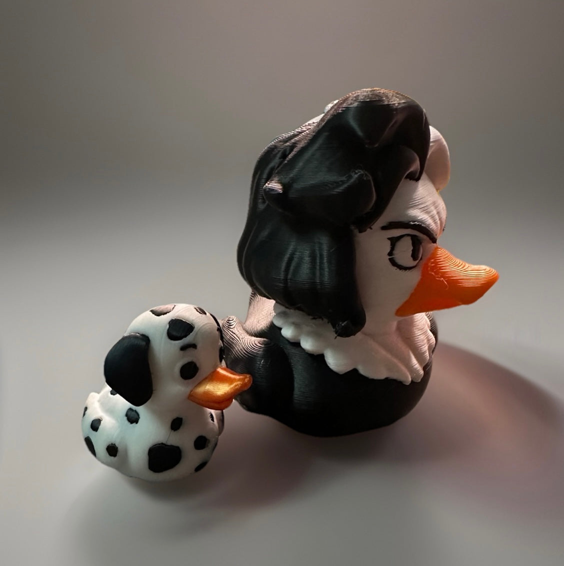 3D printed Cruella duck and Dalmatian rubber duck set from Reed’s Rubber Ducks and Sensory Shop