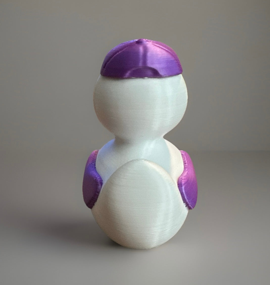 3D printed FedEx duck with white body and purple hat and wings figurine by Reed’s Rubber Ducks and Sensory Shop