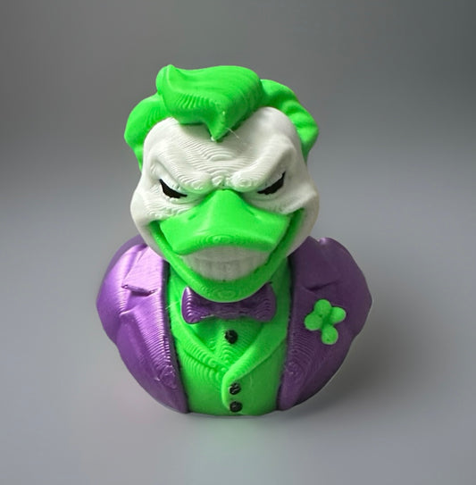 3D printed novelty duck styled as a green and white villain wearing a purple suit and bow tie