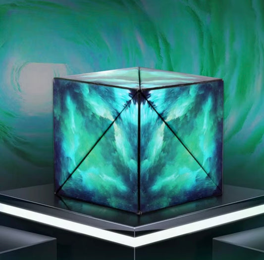 3D shifting magic cube with glowing teal and black abstract pattern on reflective surface