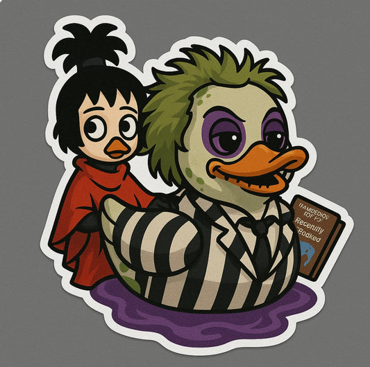 Beetlejuice rubber duck sticker featuring striped suit duck with green hair and a character in red cloak
